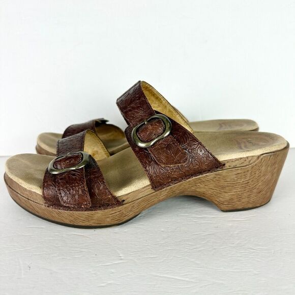 Dansko Sophie Tooled Leather Sandal Clog Size 41 US 10.5-11 Brown Buckle Comfort - Picture 1 of 10